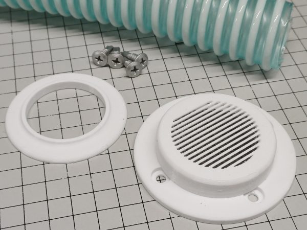 Vardo Systems White Grill Vent with hose and screws showing scale and included fittings